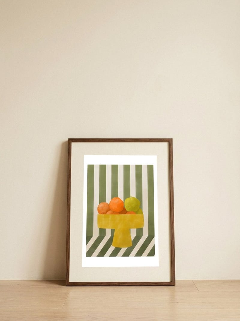 Colorful Striped Fruit Bowl — framed, leaning against the wall