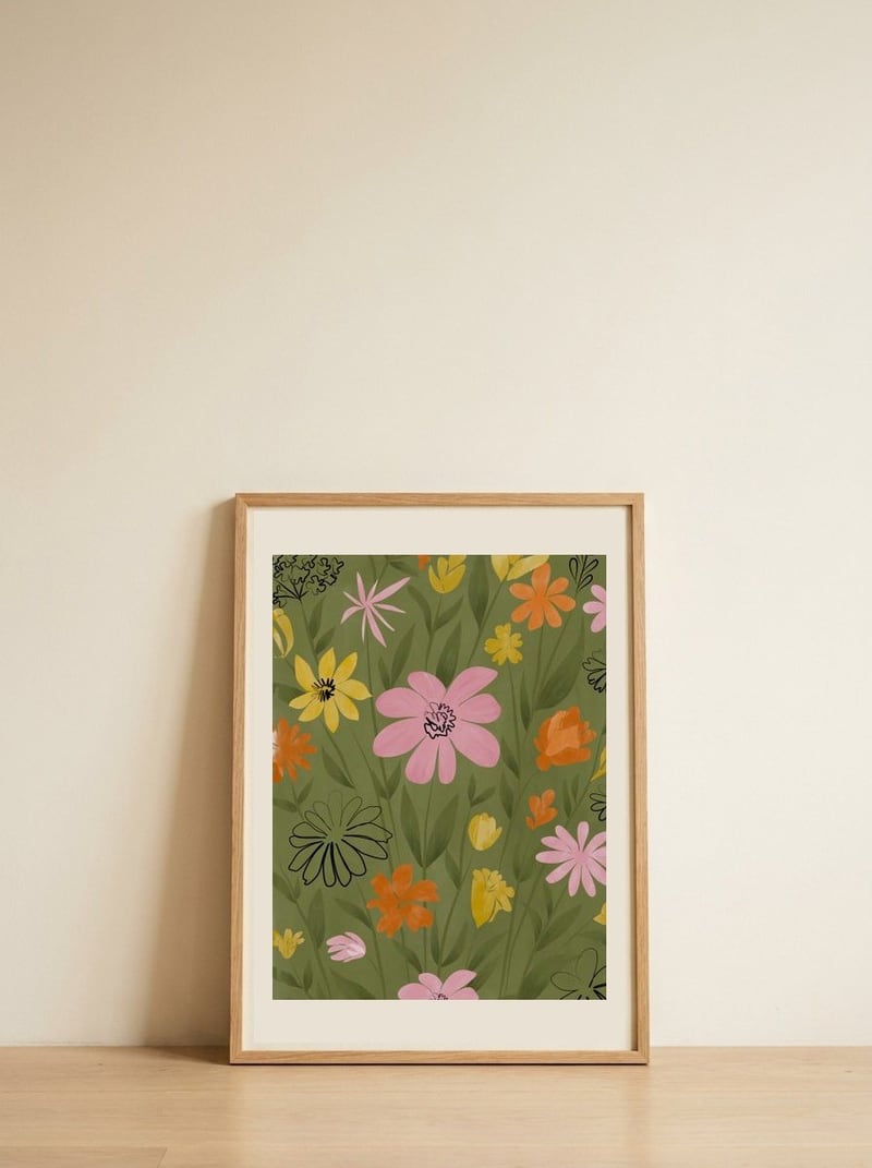Vibrant Floral Meadow — framed, leaning against the wall