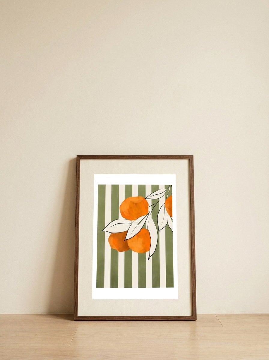 Fresh Oranges Stripes — framed, leaning against the wall