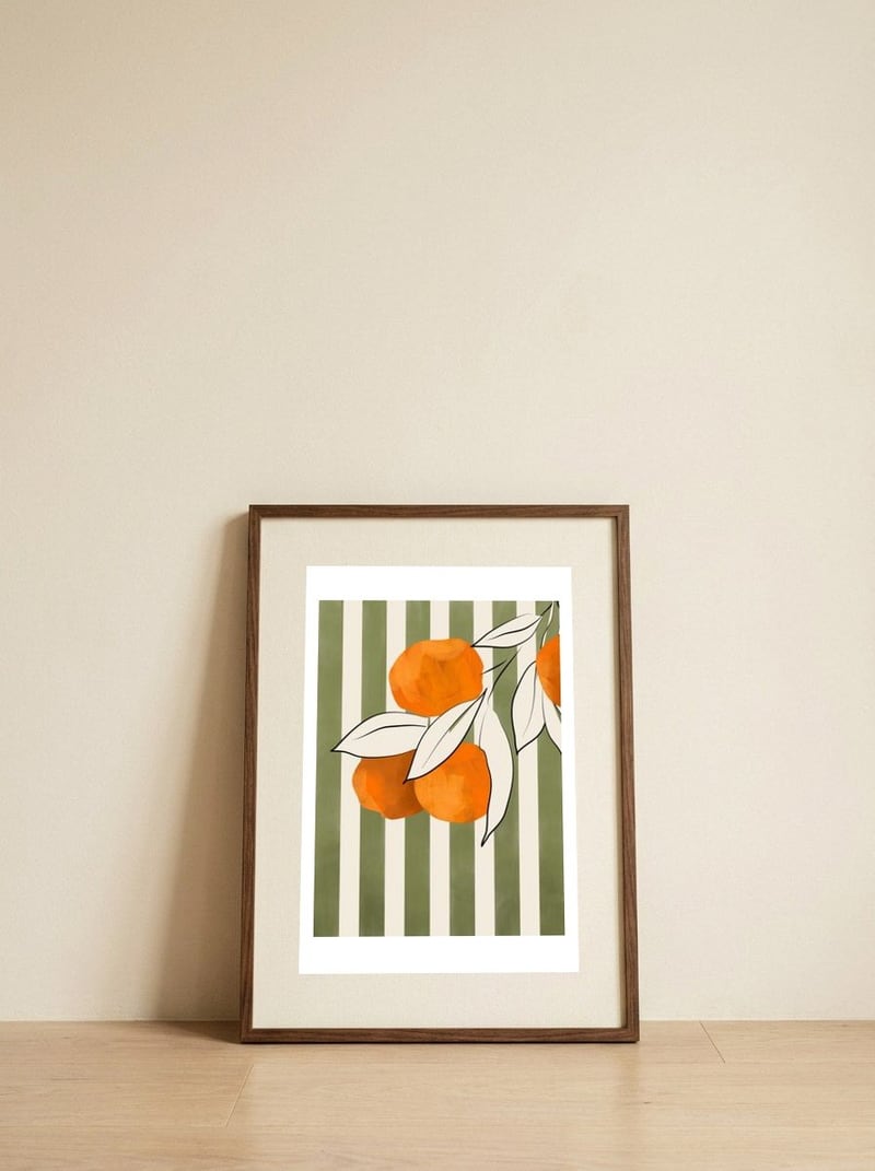 Fresh Oranges Stripes — framed, leaning against the wall