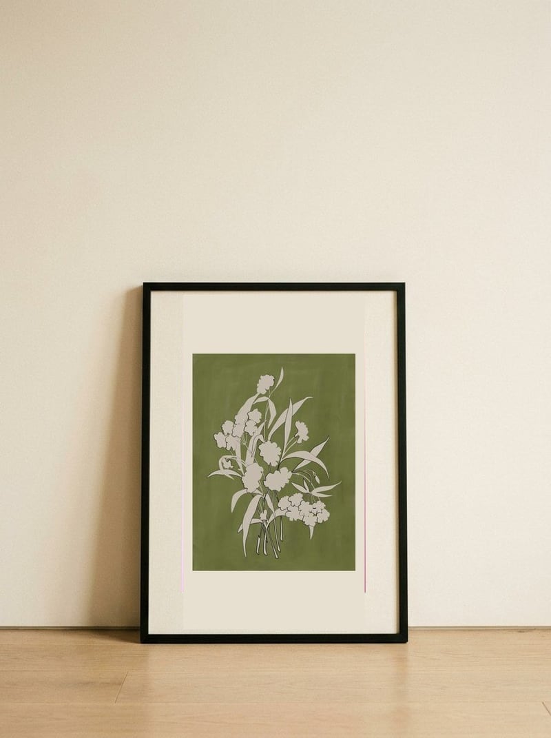 Green Botanical Bouquet — framed, leaning against the wall