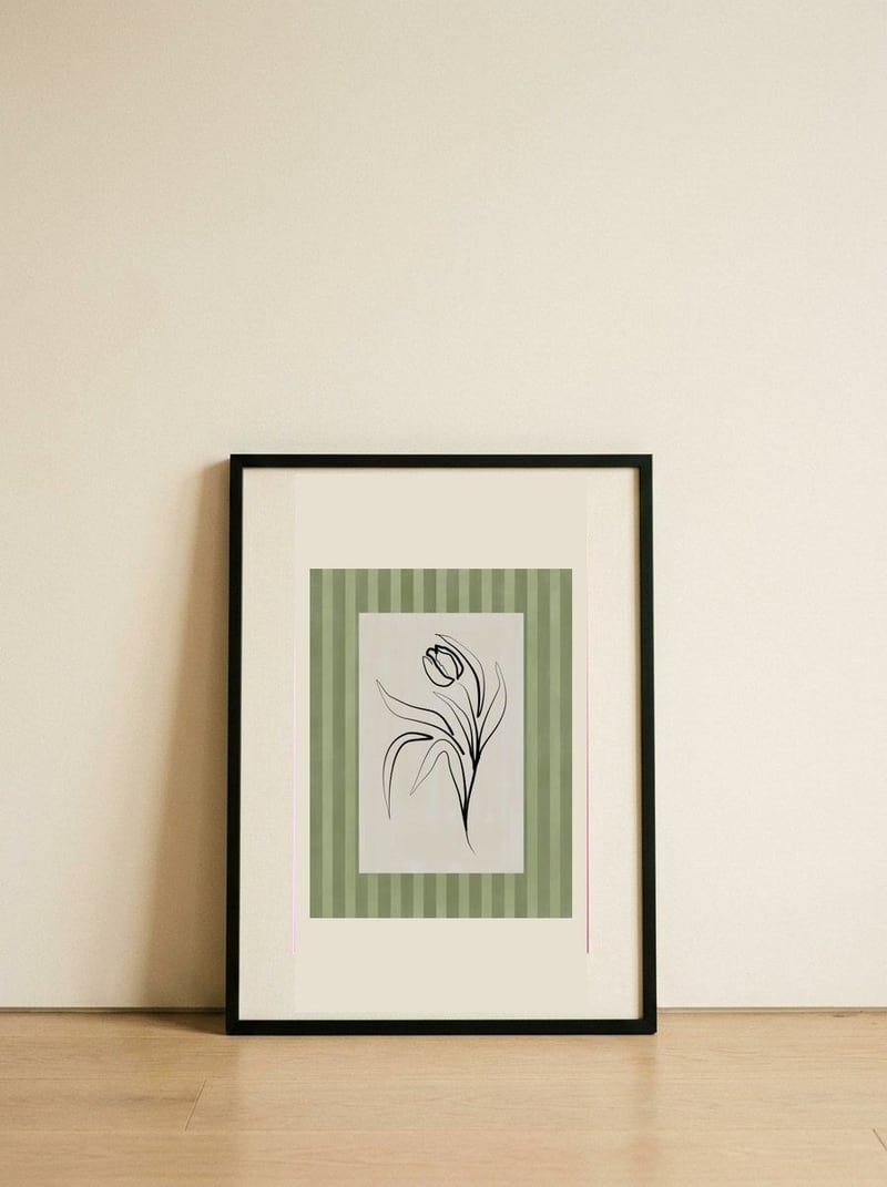 Minimalist Tulip Line Art — framed, leaning against the wall