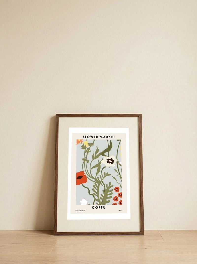 Flower Market Corfu — framed, leaning against the wall