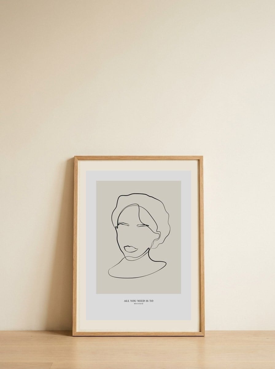Modern female line art — framed, leaning against the wall