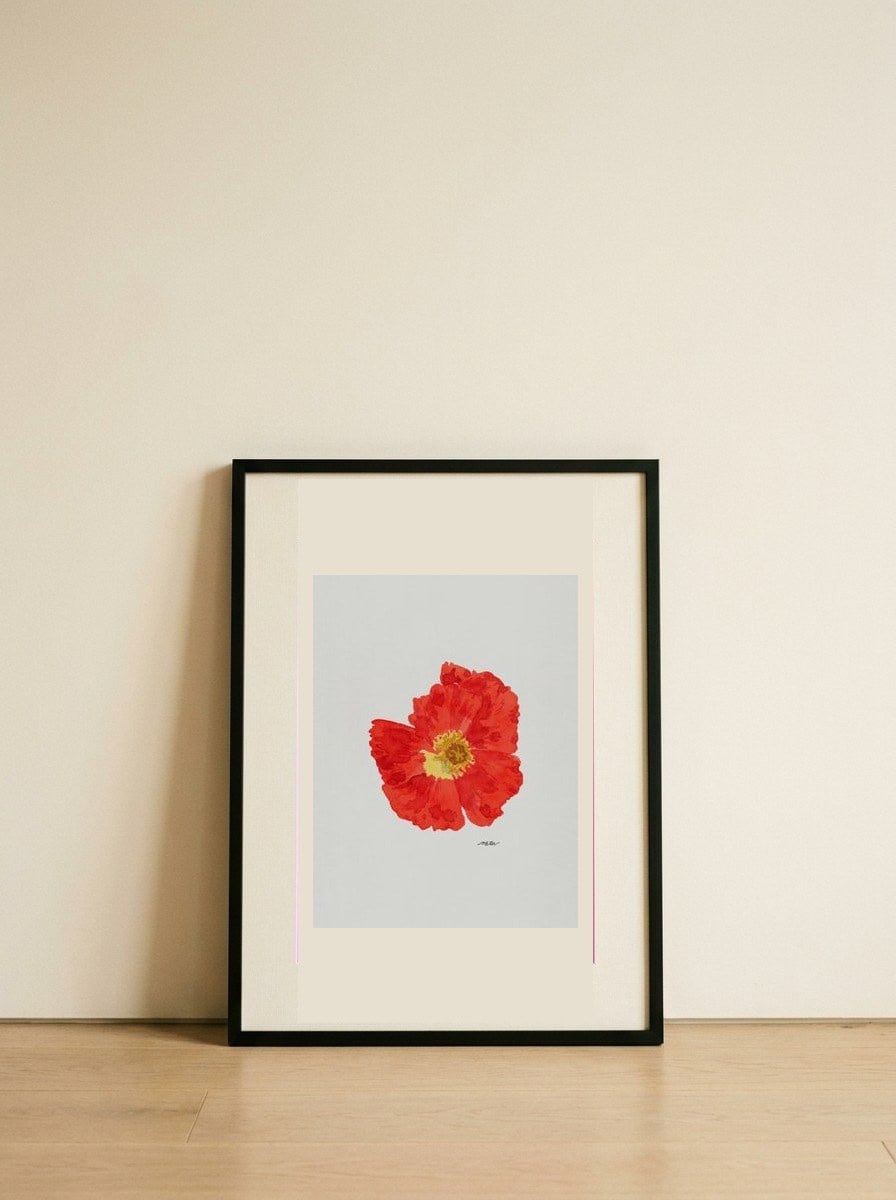 Single Red Poppy — framed, leaning against the wall
