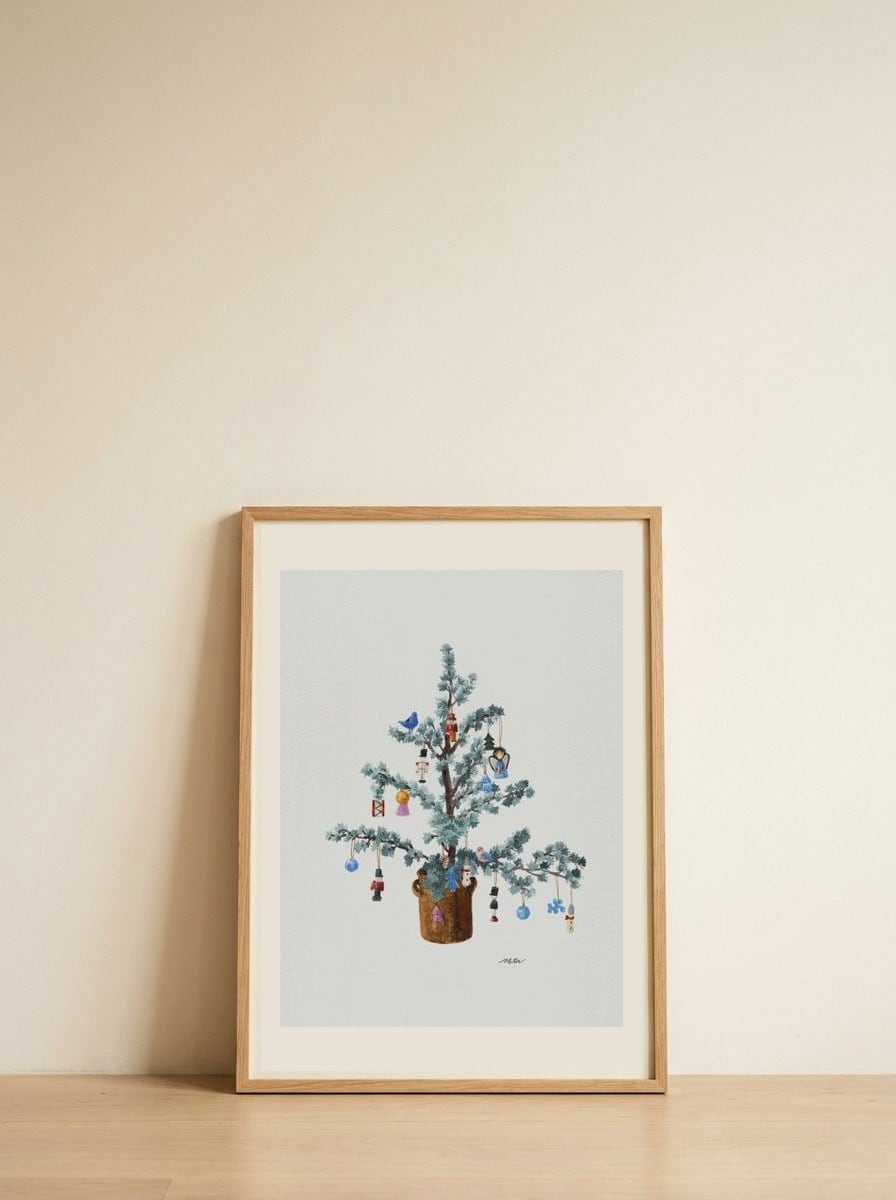 Potted Festive Christmas Tree — framed, leaning against the wall