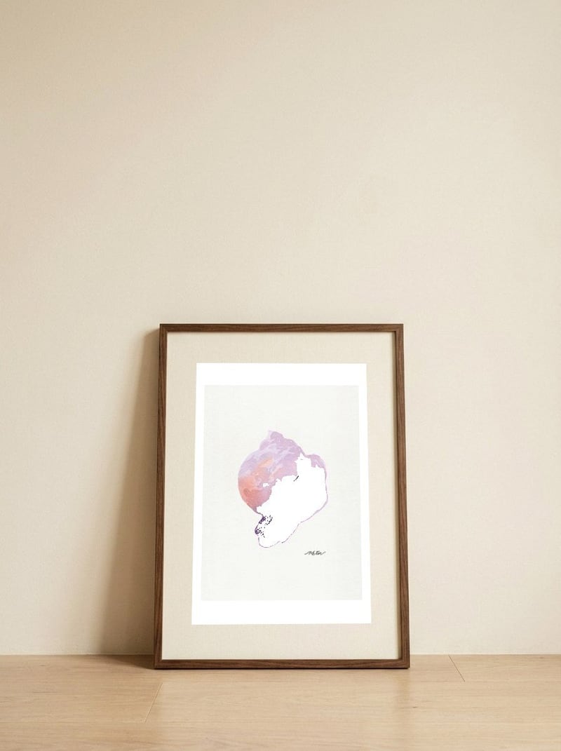 Purple Seashell Watercolor — framed, leaning against the wall