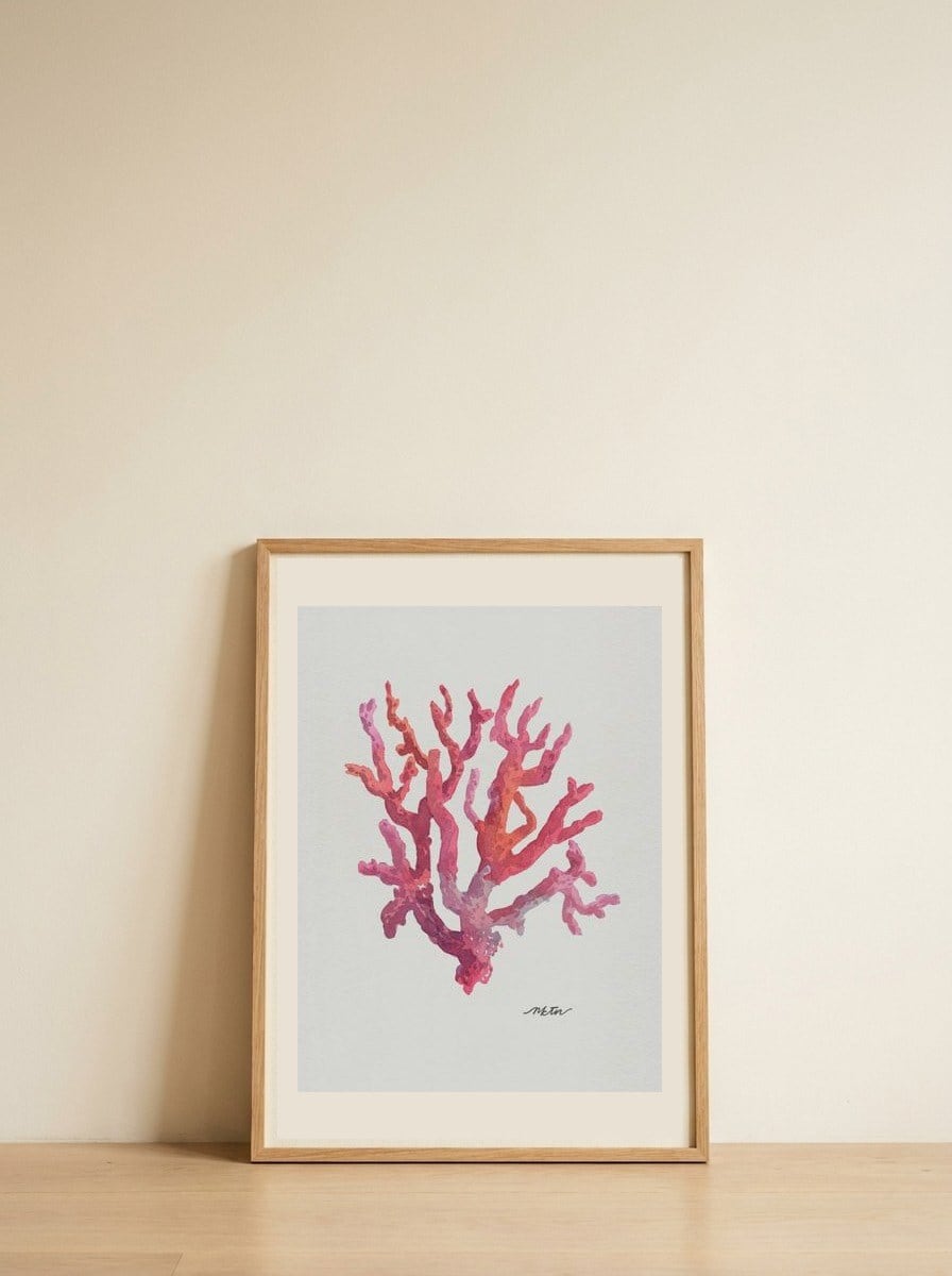 Pink Coral Watercolor — framed, leaning against the wall