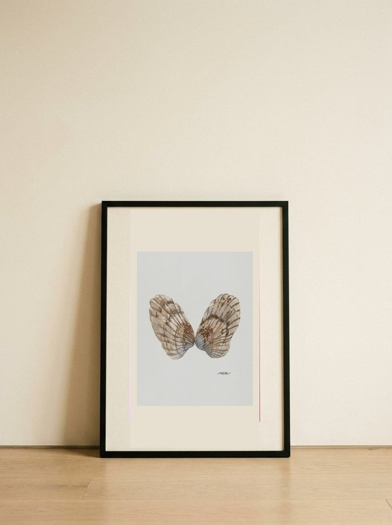 Watercolor Oyster Shells — framed, leaning against the wall