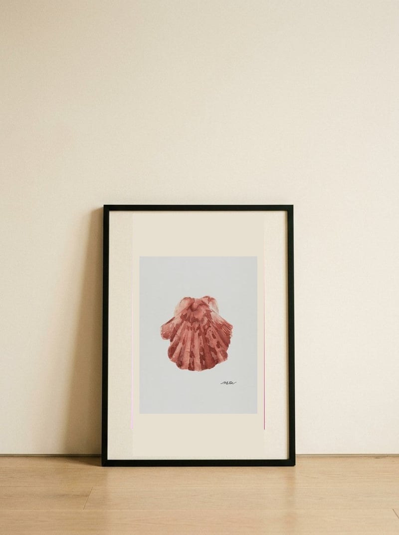 Pink Scallop Seashell — framed, leaning against the wall