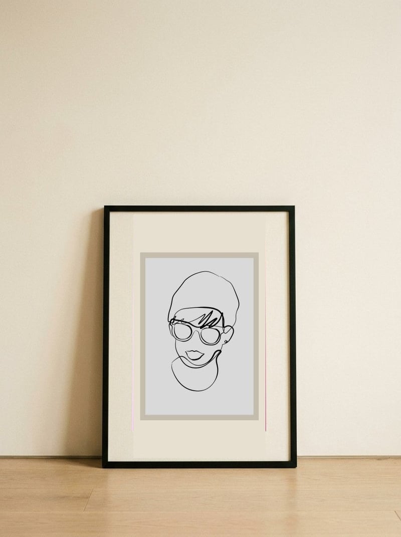 Modern woman line portrait — framed, leaning against the wall