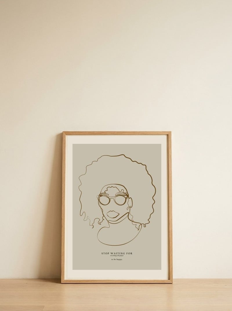 Woman face with glasses — framed, leaning against the wall