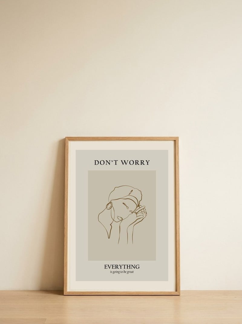 Modern line portrait — framed, leaning against the wall