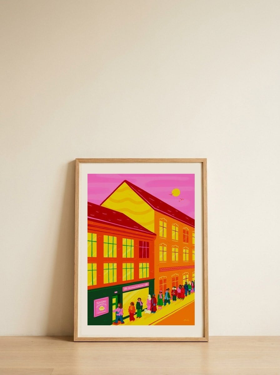 Bakery Queue at Sunset — framed, leaning against the wall