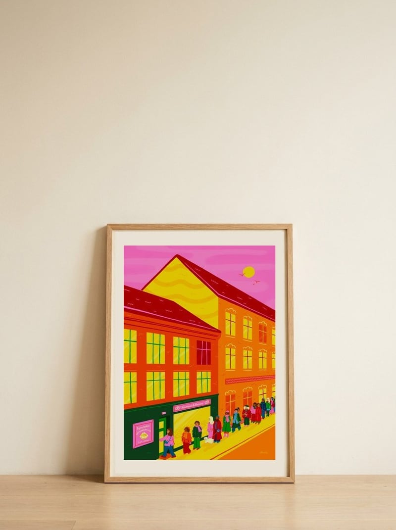 Bakery Queue at Sunset — framed, leaning against the wall