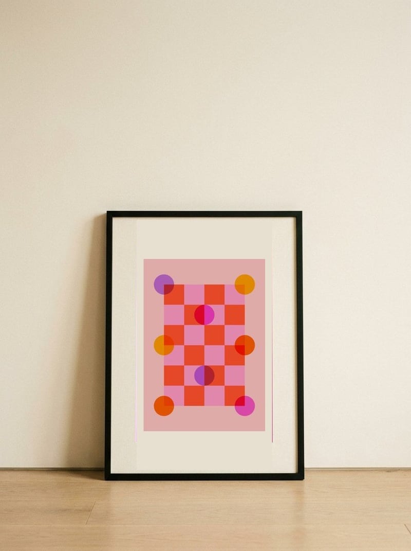 Playful Geometric Circles — framed, leaning against the wall