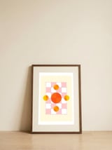Retro Pink Orange Circles — framed, leaning against the wall thumbnail