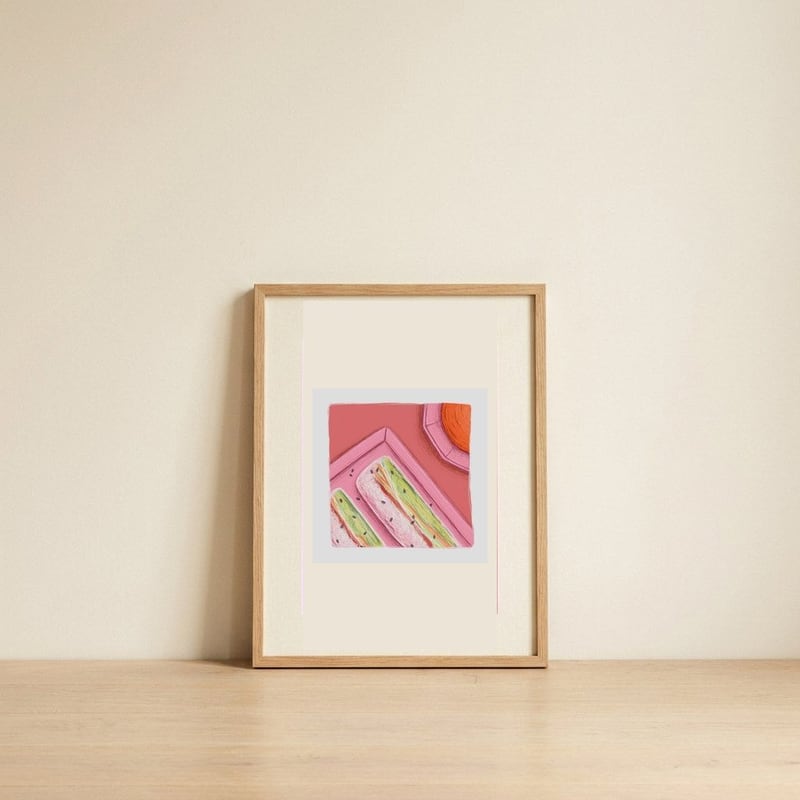 Pink Plate Fresh Rolls — framed, leaning against the wall