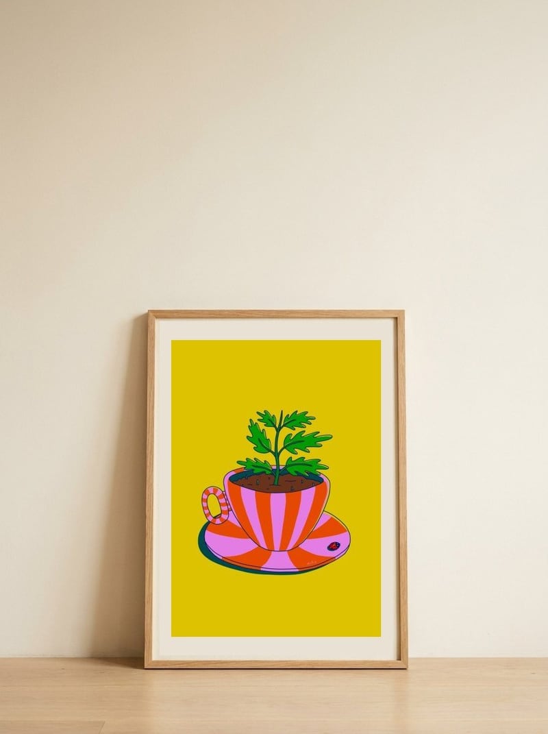 Whimsical Plant Teacup — framed, leaning against the wall