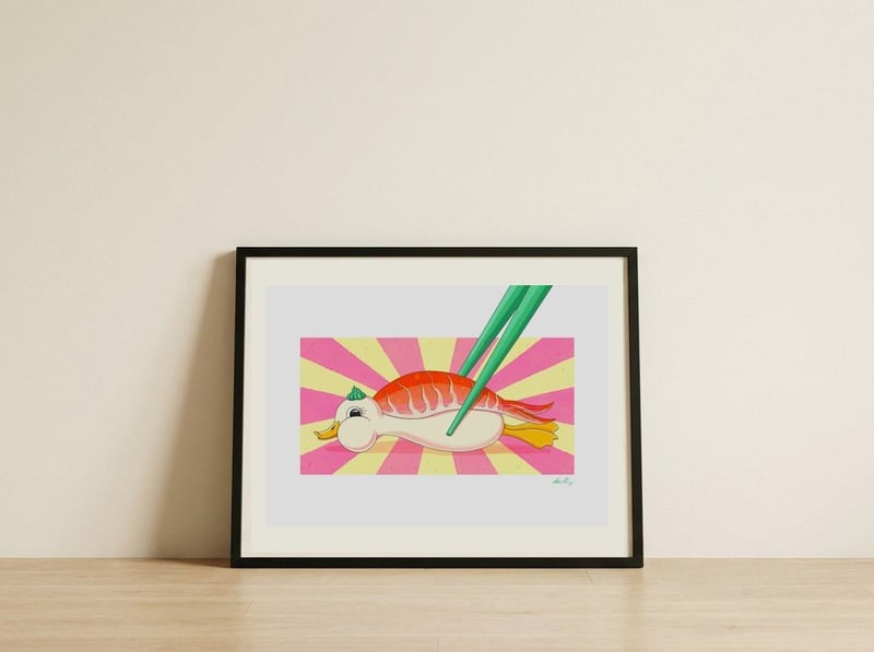 Funny Sushi Duck — framed, leaning against the wall
