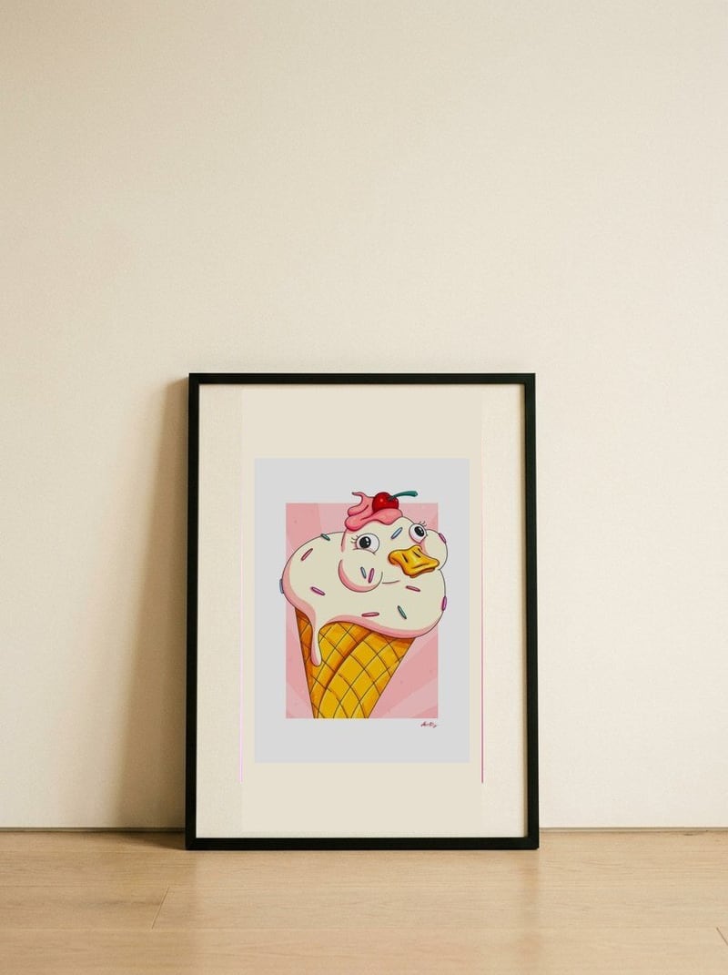 Cute Duck Ice Cream — framed, leaning against the wall