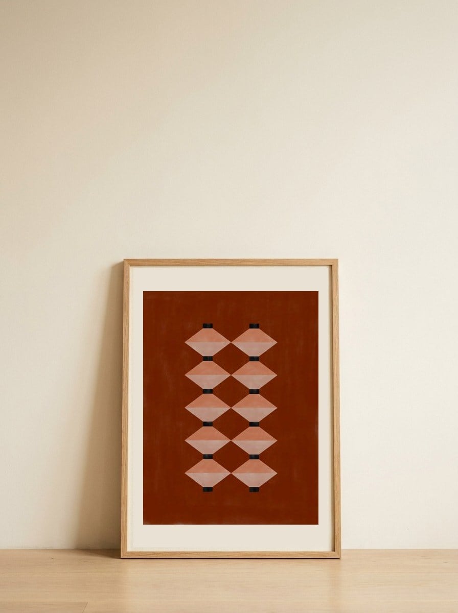 Stacked Geometric Terracotta — framed, leaning against the wall