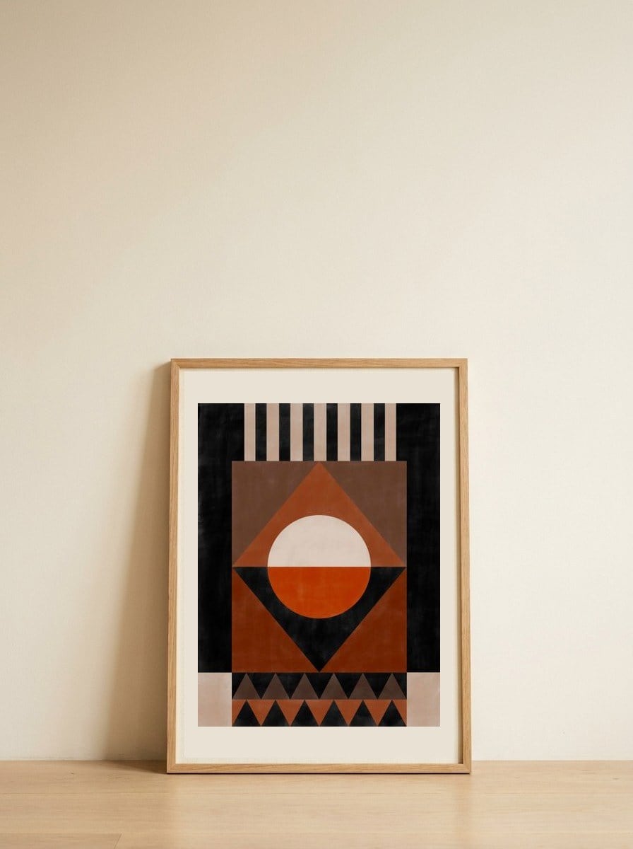 Bold Terracotta Geometry — framed, leaning against the wall