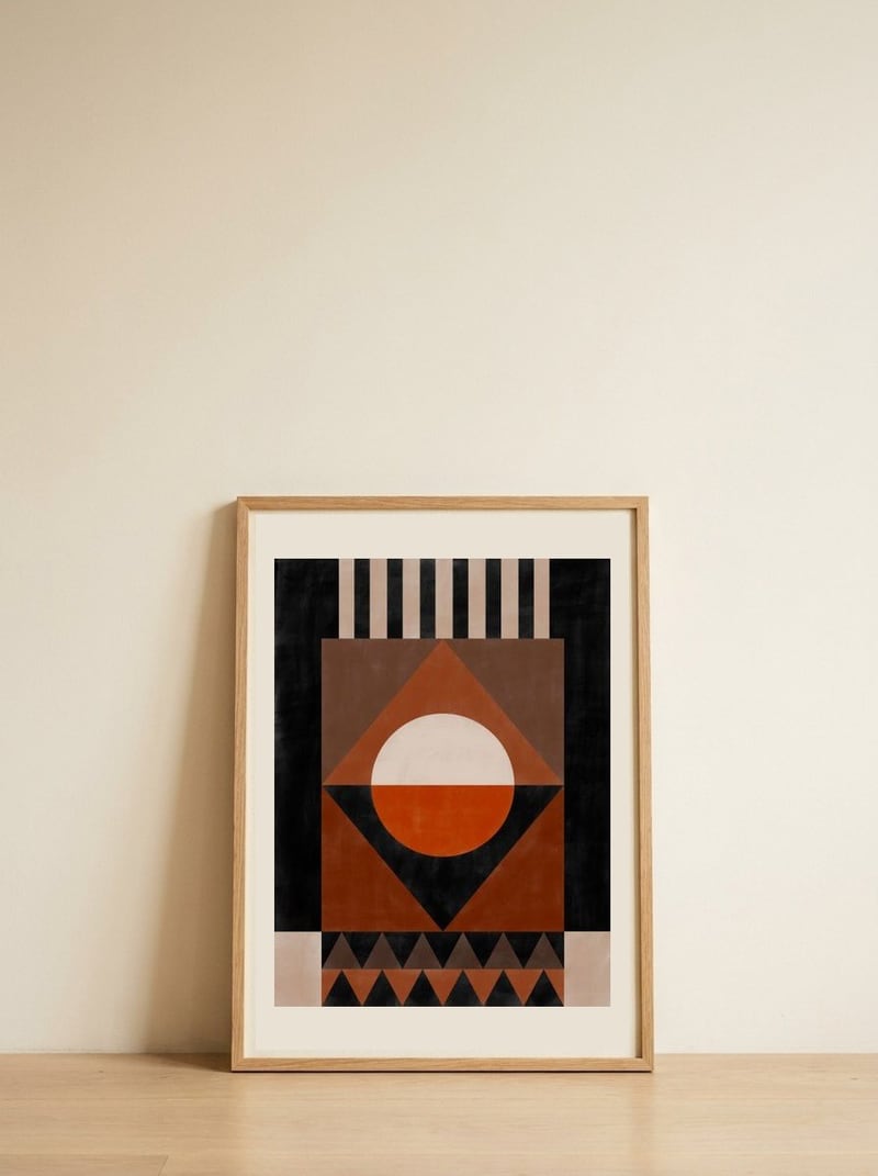 Bold Terracotta Geometry — framed, leaning against the wall