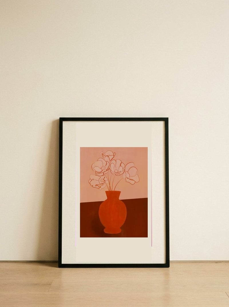Warm Floral Still Life — framed, leaning against the wall