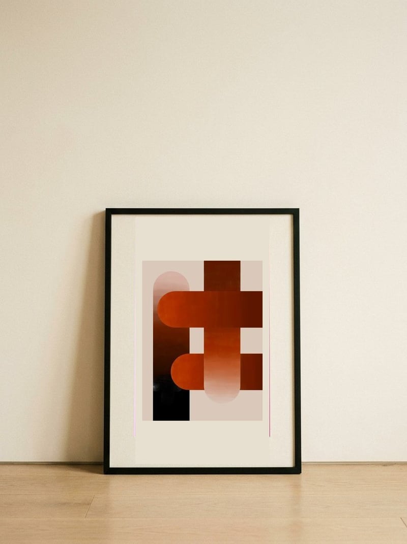 Warm Geometric Interlock — framed, leaning against the wall