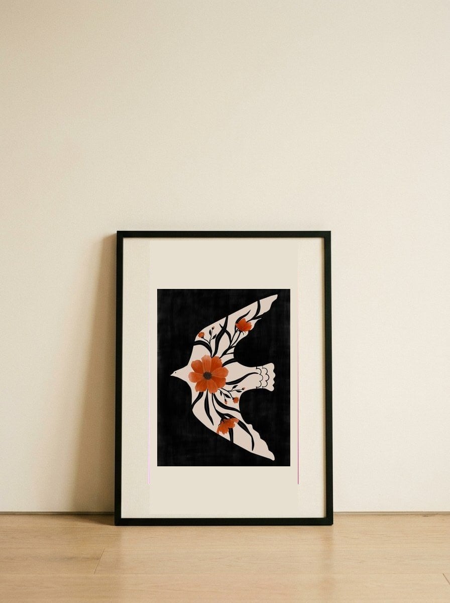 Floral Dove Flight — framed, leaning against the wall