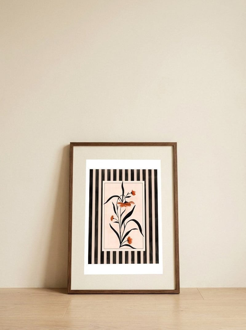 Terracotta Floral Stripes — framed, leaning against the wall