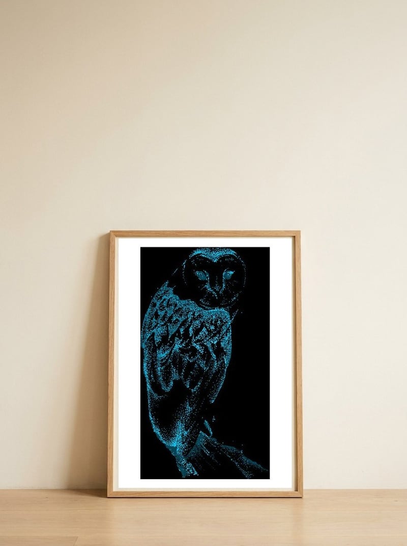 Teal Barn Owl — framed, leaning against the wall