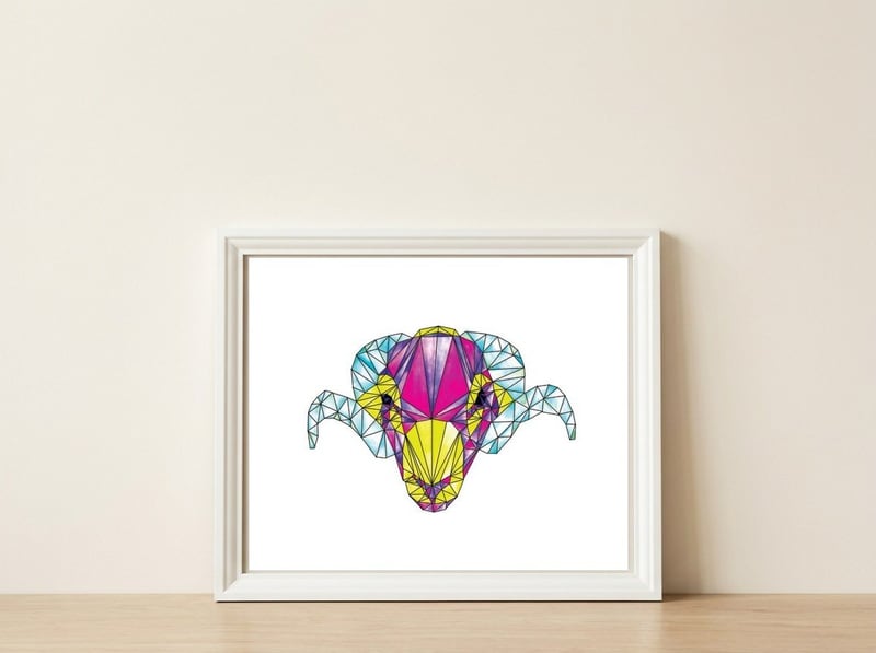 Colourful Geometric Swaledale Sheep Tup with Black Lines — framed, leaning against the wall