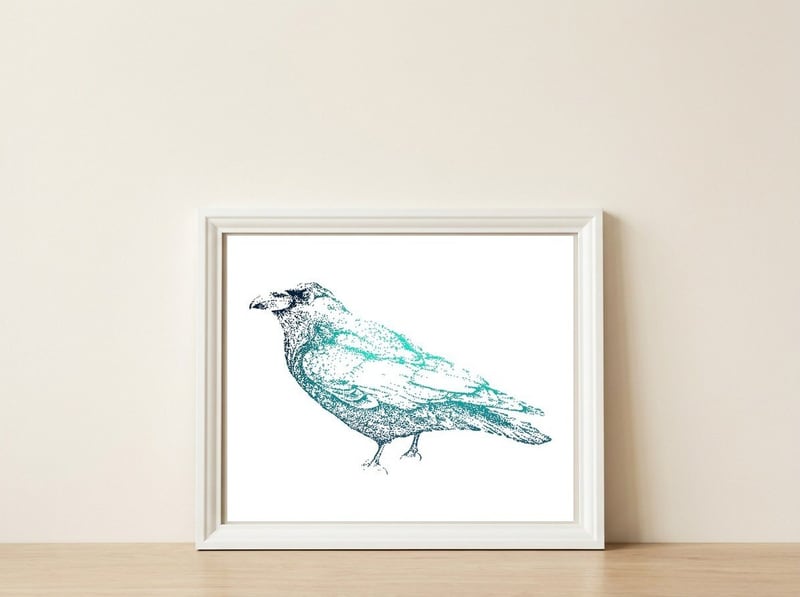 Teal Raven — framed, leaning against the wall