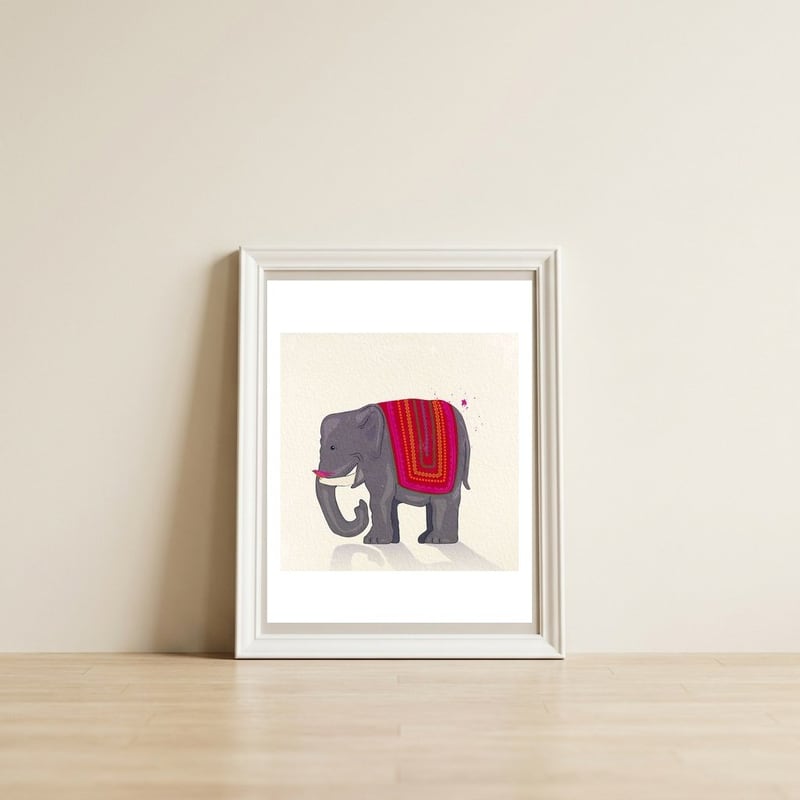 Elephant and Bird — framed, leaning against the wall