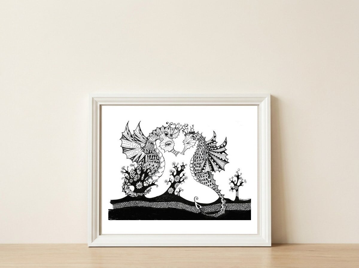 Seahorse Dragons Love Illustration — framed, leaning against the wall