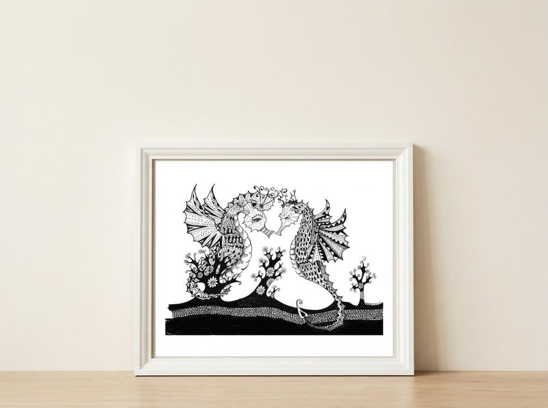 Seahorse Dragons Love Illustration — framed, leaning against the wall