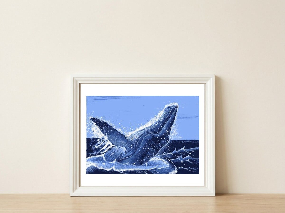 Humpback Whale Breaching — framed, leaning against the wall