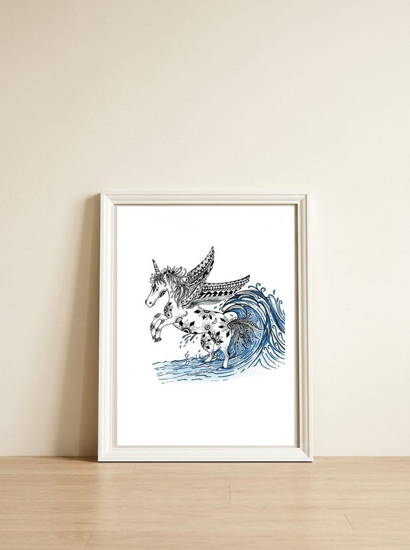  Winged Sun And Moon Unicorn Zentangle — framed, leaning against the wall