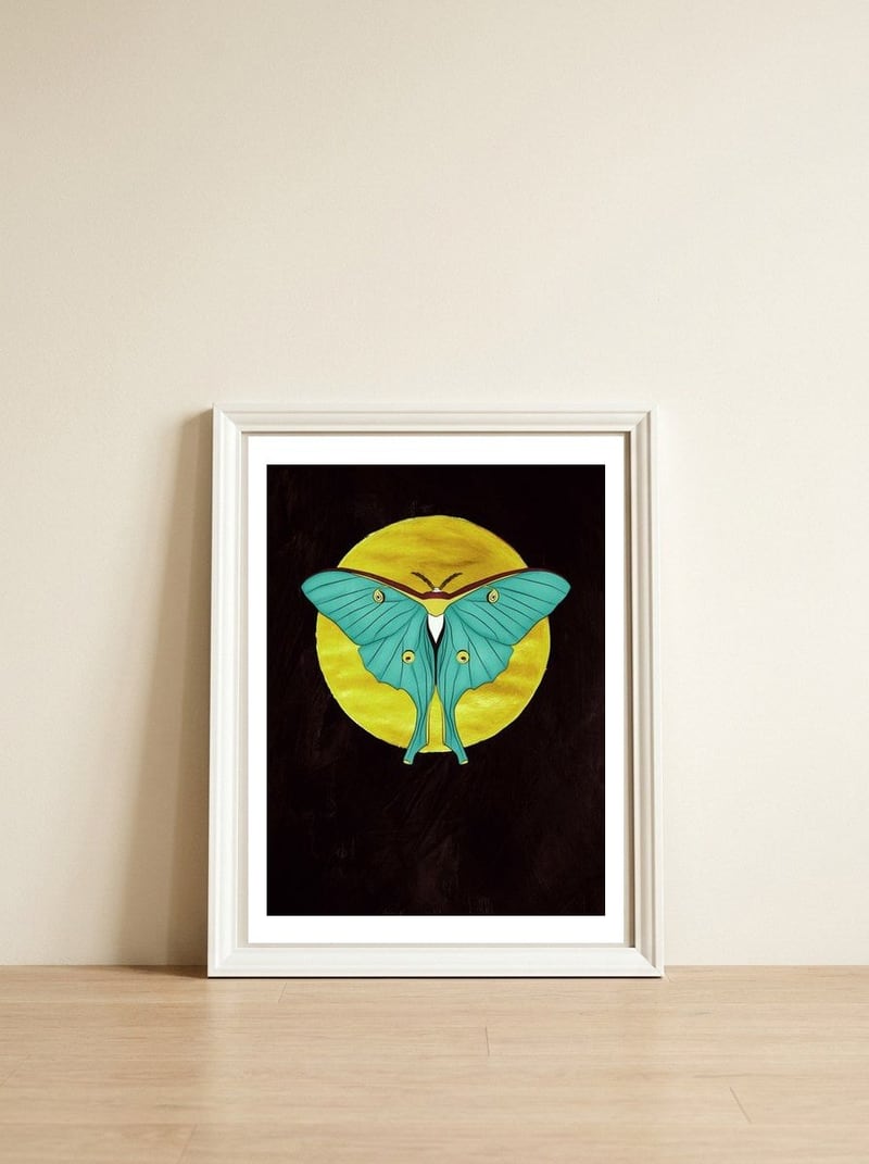 Luna Moth Moon — framed, leaning against the wall