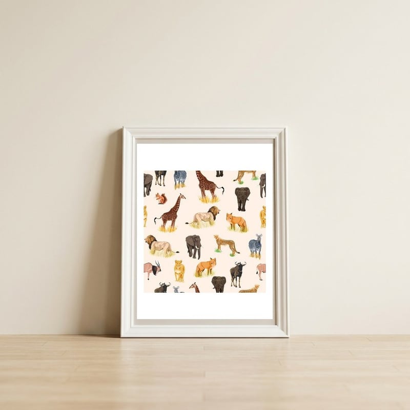 Animal Pattern — framed, leaning against the wall
