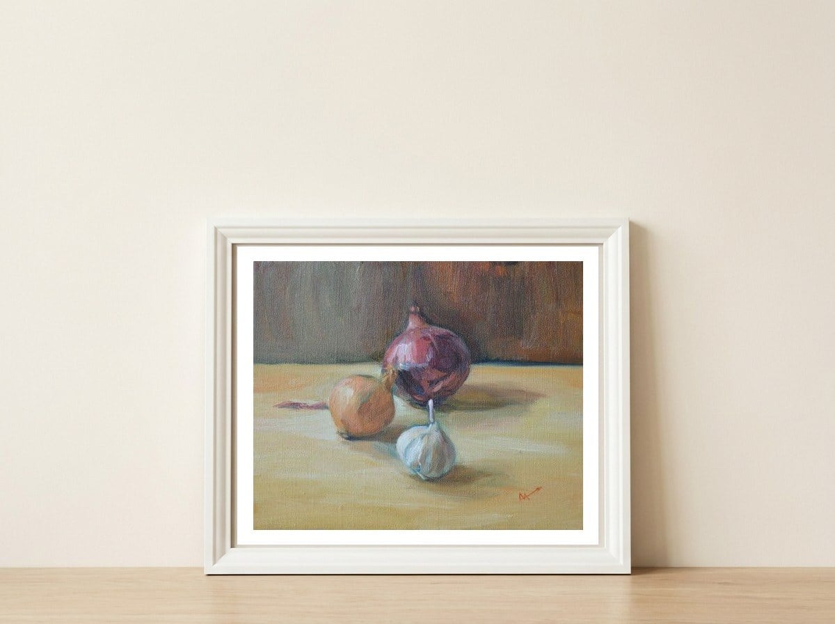 Veg Still Life Painting — framed, leaning against the wall
