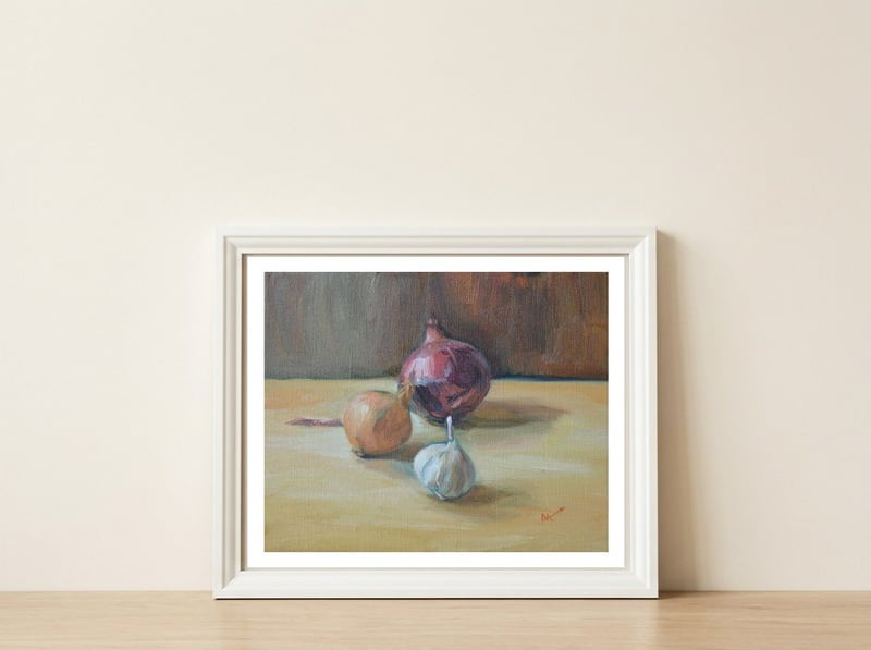 Veg Still Life Painting — framed, leaning against the wall