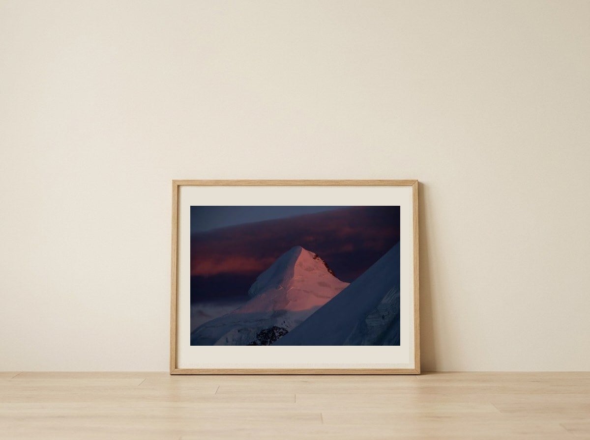 Snowy Peak Alpenglow — framed, leaning against the wall