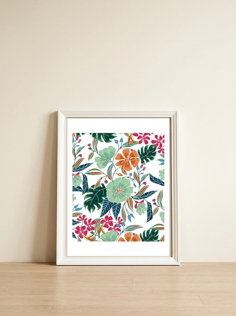 Minty + Rust Floral — framed, leaning against the wall