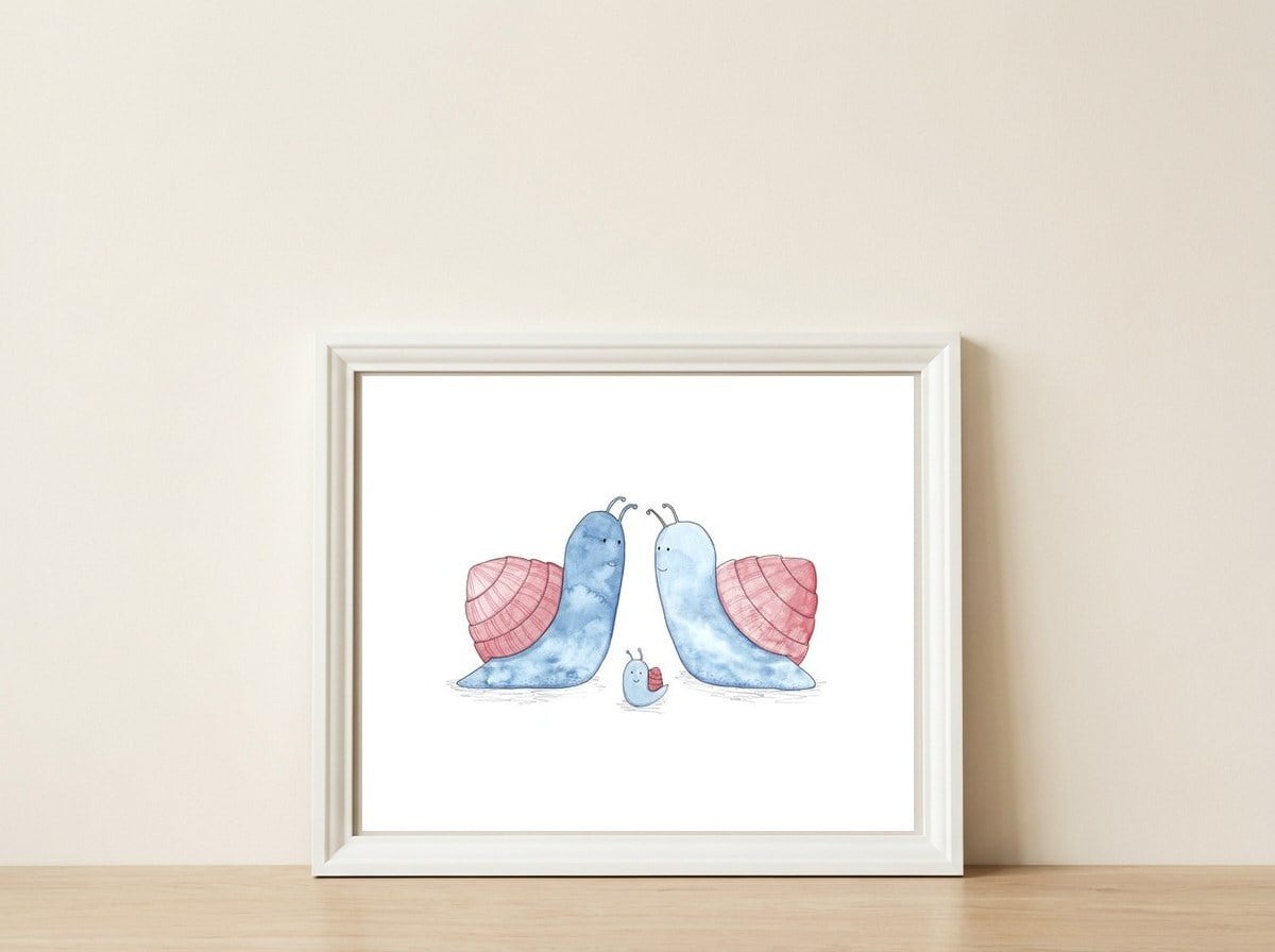 Blue Snail Family — framed, leaning against the wall