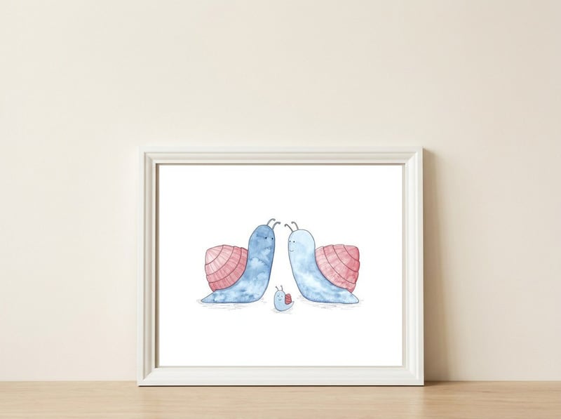 Blue Snail Family — framed, leaning against the wall
