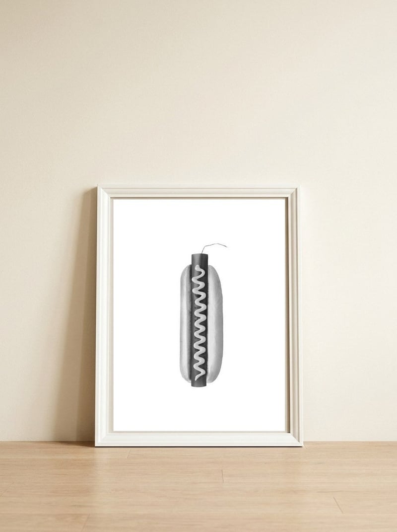 Hotdog Boom Boom — framed, leaning against the wall
