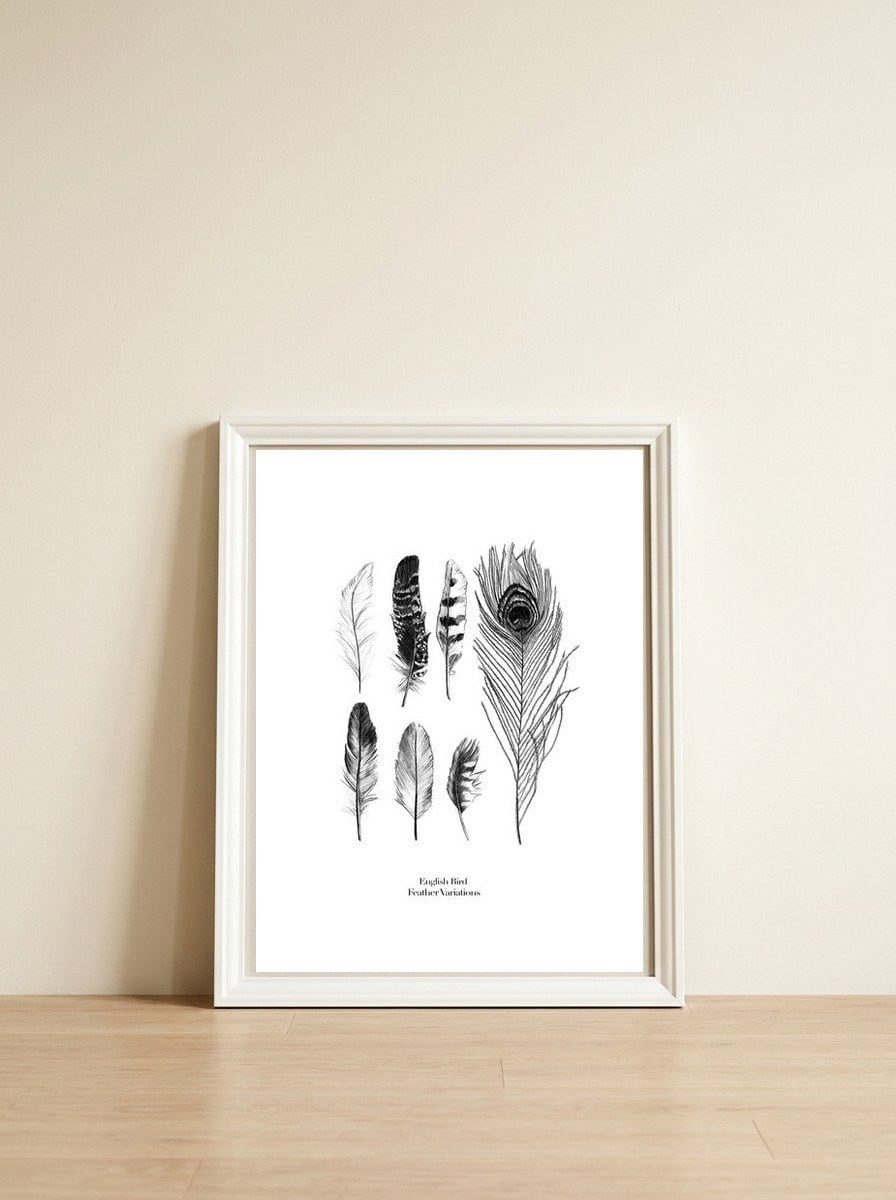 English Feather Variations — framed, leaning against the wall